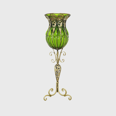 85cm Green Glass Floor Vase with Tall Metal Stand