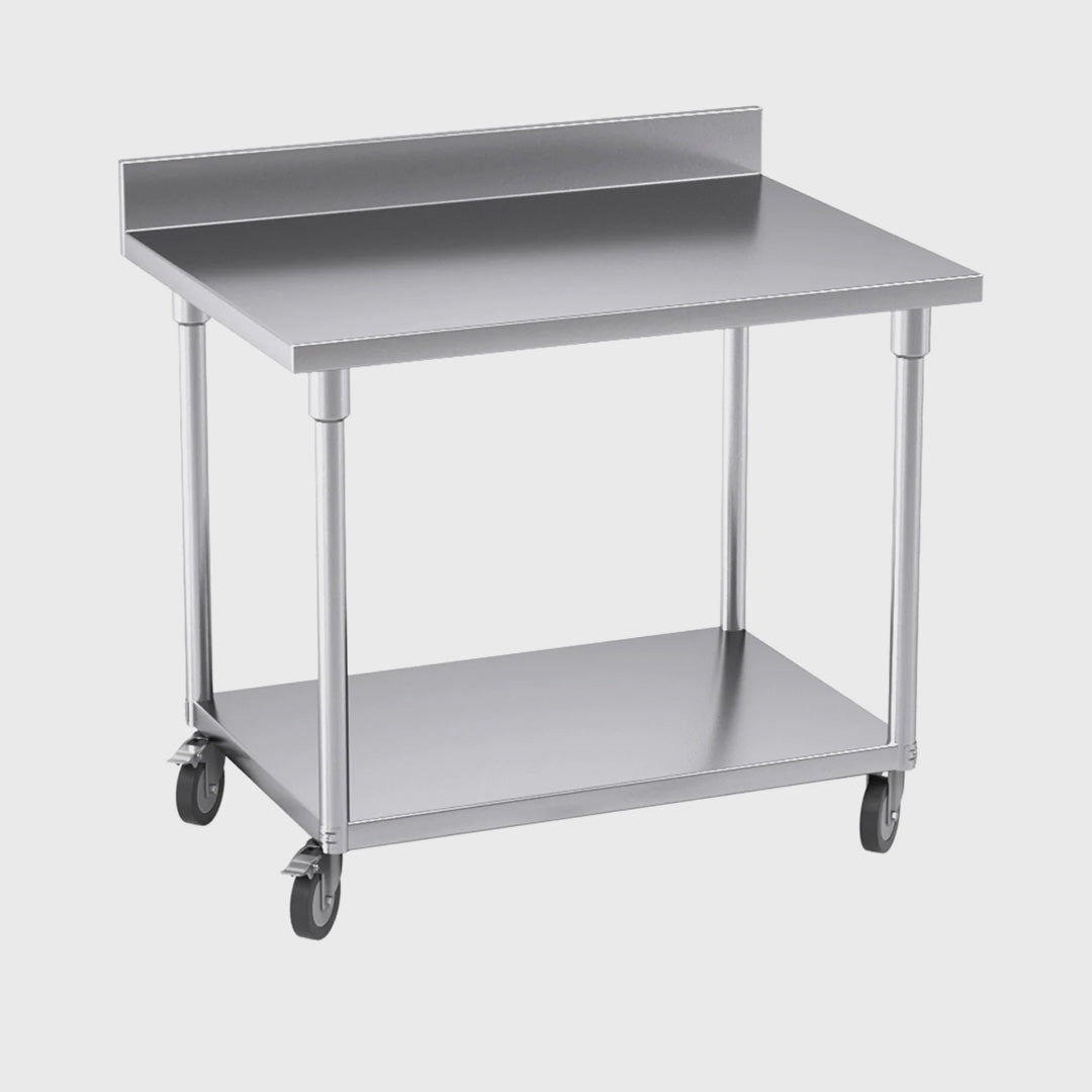 100cm Commercial Kitchen Stainless Steel Work Bench with Backsplash and Caster Wheels