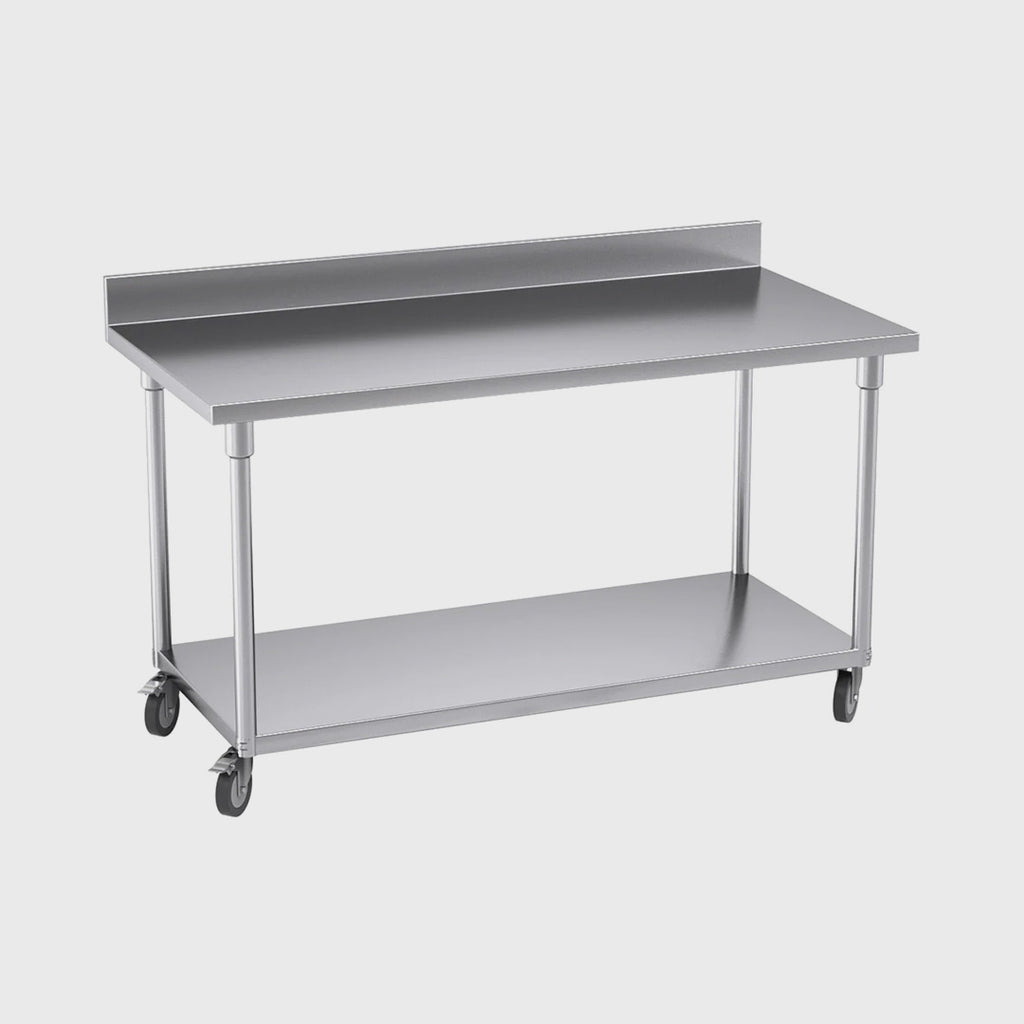150cm Commercial Kitchen Stainless Steel Work Bench with Backsplash and Caster Wheels