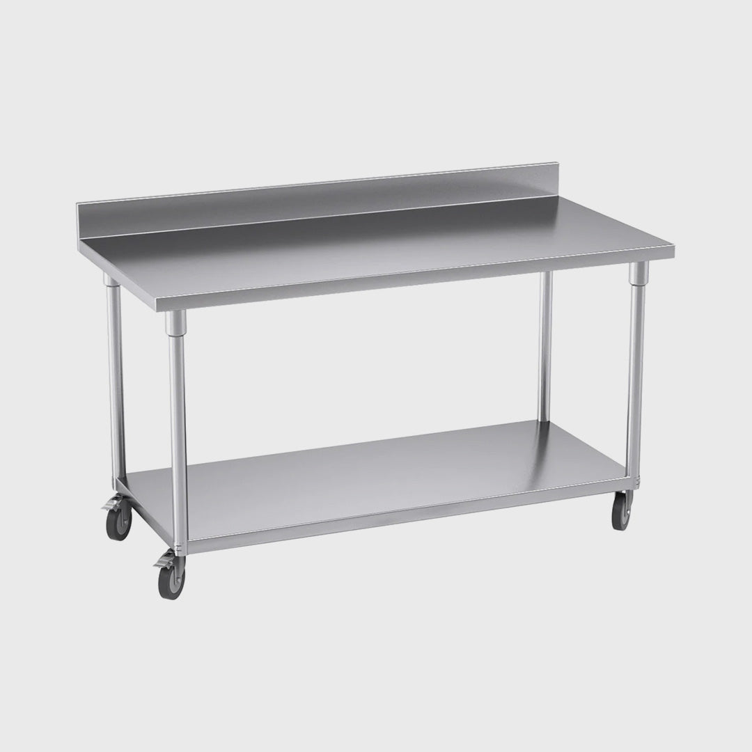 150cm Commercial Kitchen Stainless Steel Work Bench with Backsplash and Caster Wheels