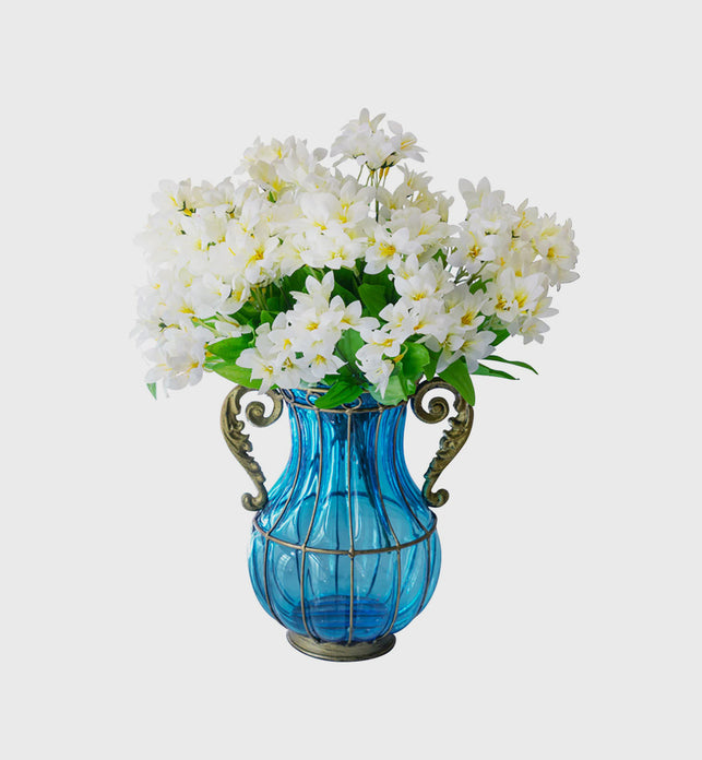 Blue Glass Flower Vase with 10 Bunch 6 Heads Artificial Silk Lilium nanum Set