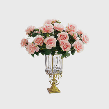 Clear Glass Cylinder Flower Vase with 4 Bunch 9 Heads Artificial Silk Set