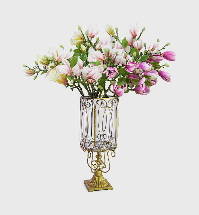 Clear Glass Cylinder Flower Vase with 6 Bunch 4 Heads Artificial Silk Magnolia denudata Set