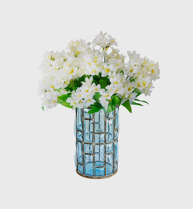 Blue Glass Cylinder Flower Vase with 10 Bunch 6 Heads Artificial Silk Lilium nanum Set
