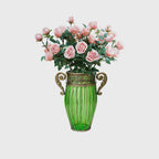 Green Glass Flower Vase with 8 Bunch 5 Heads Artificial Silk Rose Set