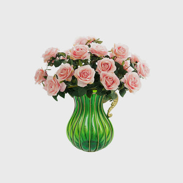 Green Glass Flower Vase with 4 Bunch 9 Heads Artificial Silk Rose Set