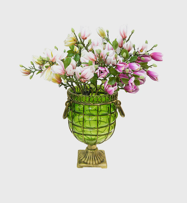 Green Glass Flower Vase with 6 Bunch 4 Heads Artificial Silk Magnolia denudata Set