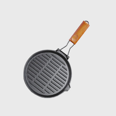 24cm Round Ribbed Cast Iron Skillet Pan with Folding Wooden Handle