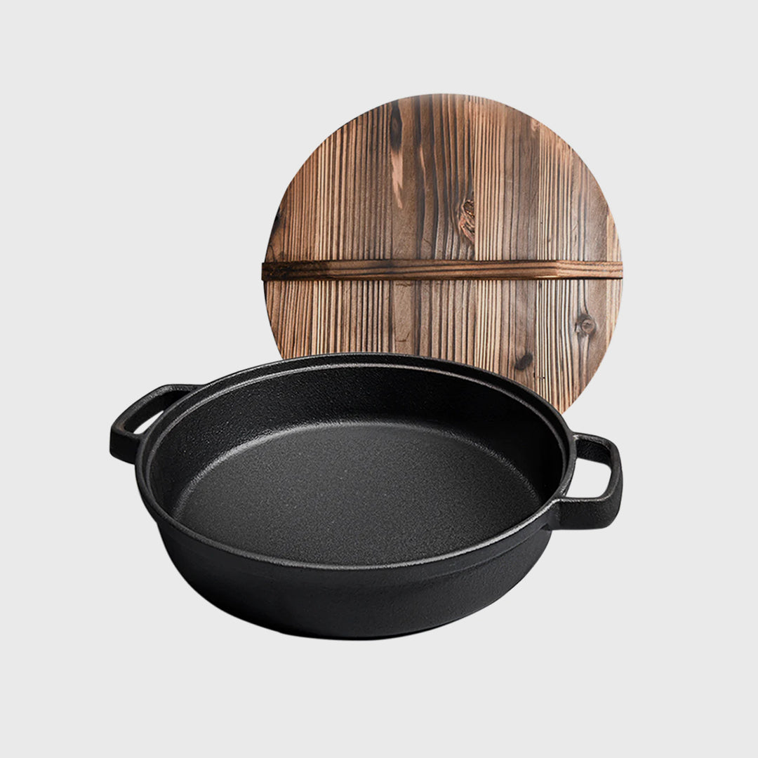 31cm Round Cast Iron Frying Pan with Wooden Lid