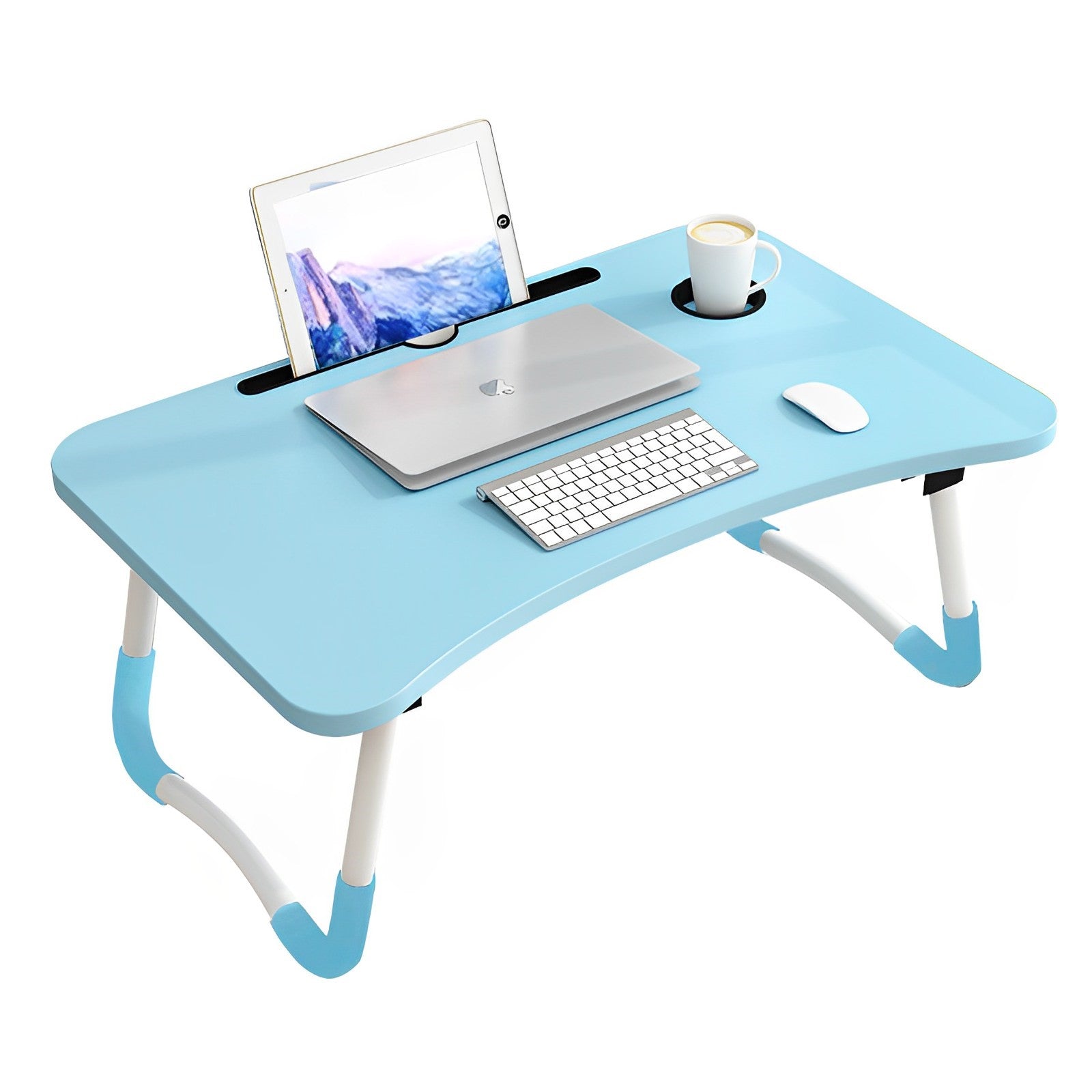 Blue Foldable Study Bed Table Adjustable Portable Desk Stand With Notebook Holder and Cup Slot