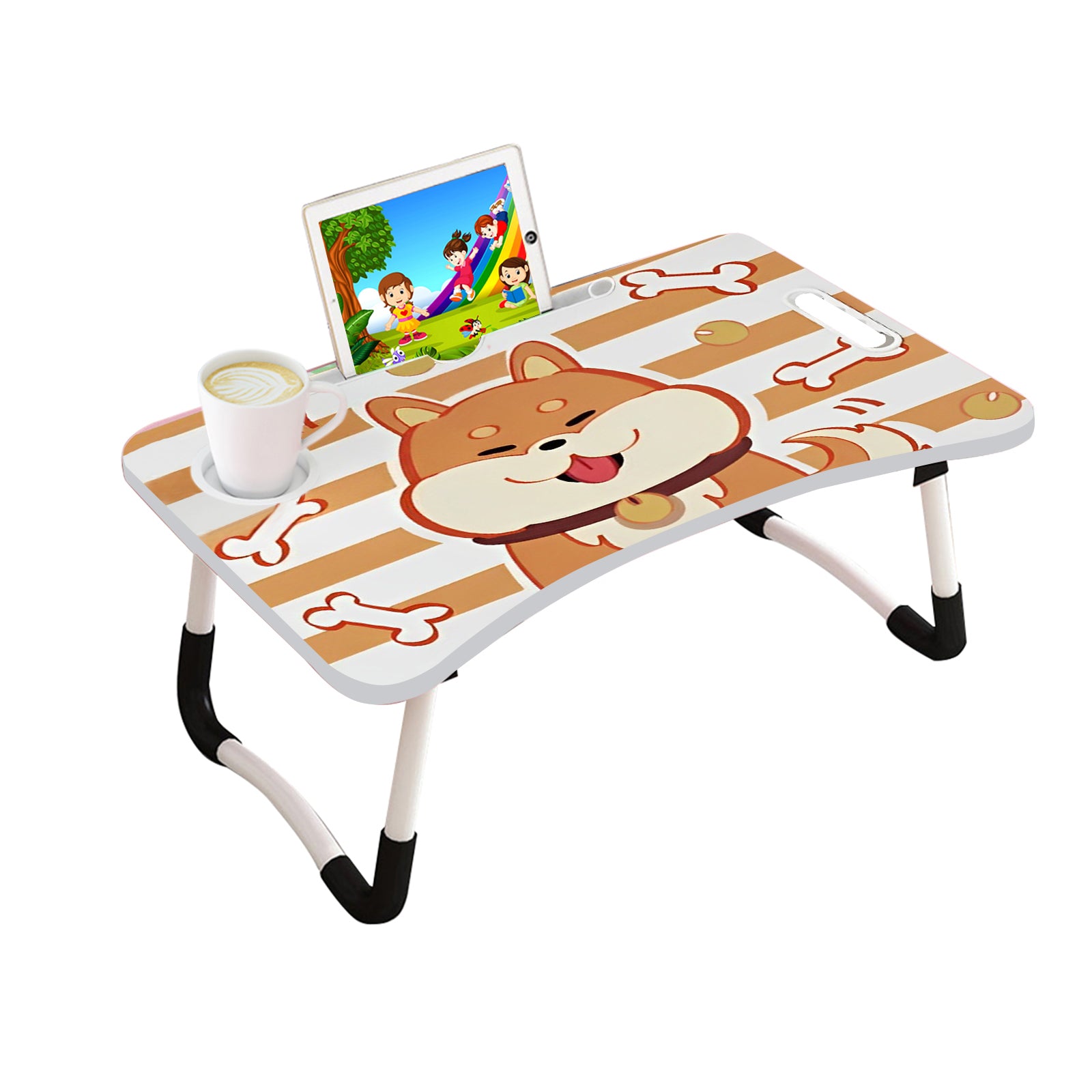 Brown Cute Dog Design Foldable Study Bed Table Adjustable Portable Desk Stand With Notebook Holder And Cup Slot