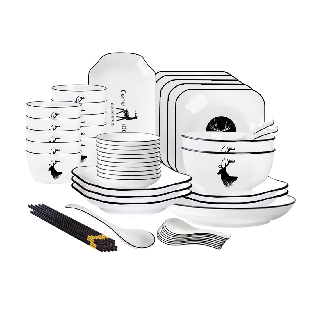 White Antler Printed Ceramic Dinnerware Set of 34