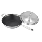 18/10 Stainless Steel 34cm Frying Pan Textured Non Stick Interior with Helper Handle and Lid