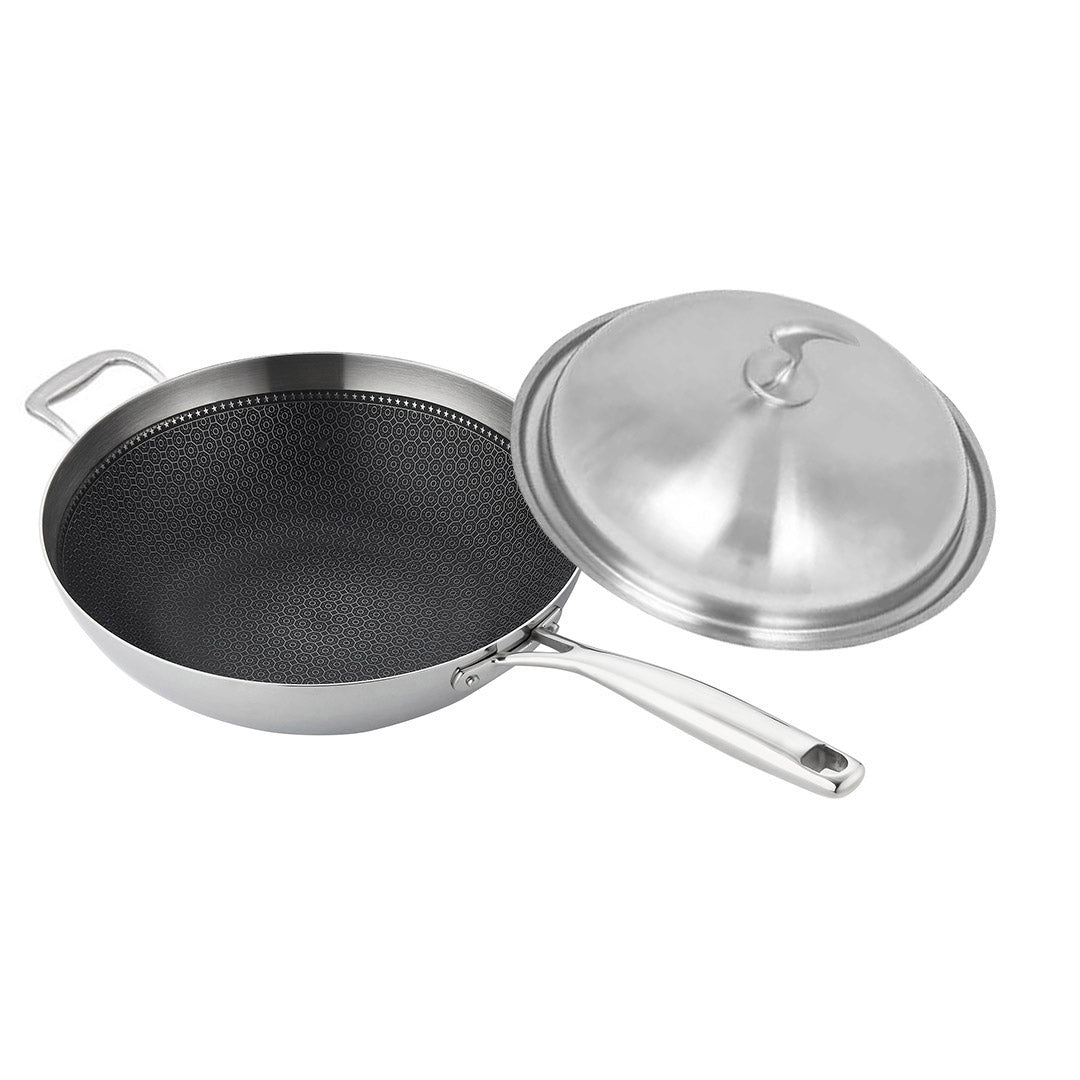 18/10 Stainless Steel 34cm Frying Pan Textured Non Stick Interior with Helper Handle and Lid