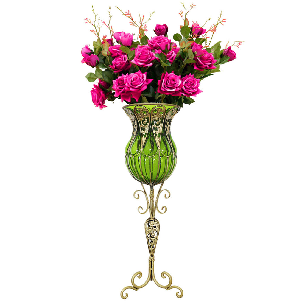 85cm Green Glass Floor Vase and 12pcs Dark Pink Artificial Flower Set