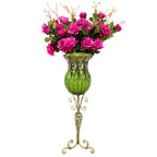 85cm Green Glass Floor Vase and 12pcs Dark Pink Artificial Flower Set