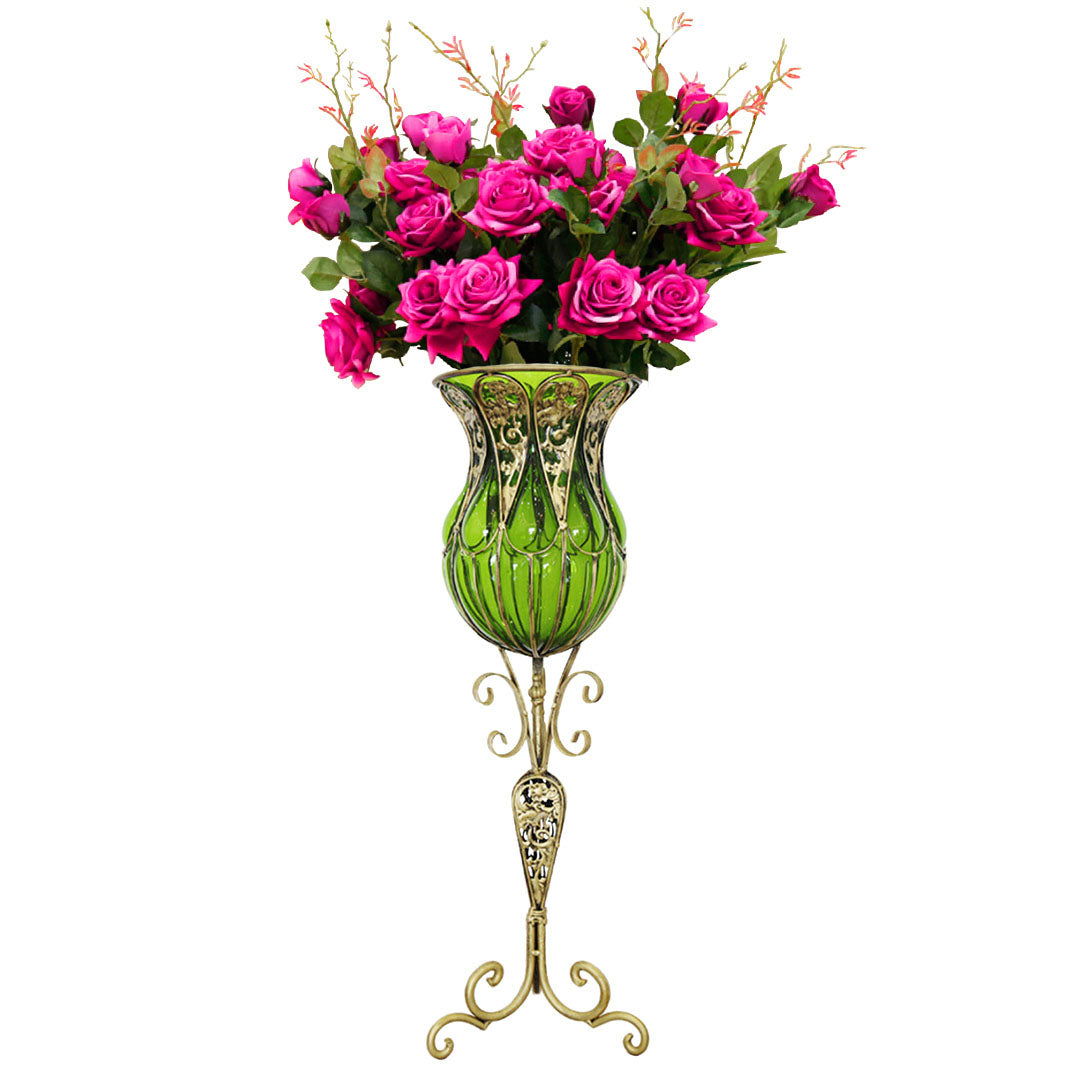 85cm Green Glass Floor Vase and 12pcs Dark Pink Artificial Flower Set