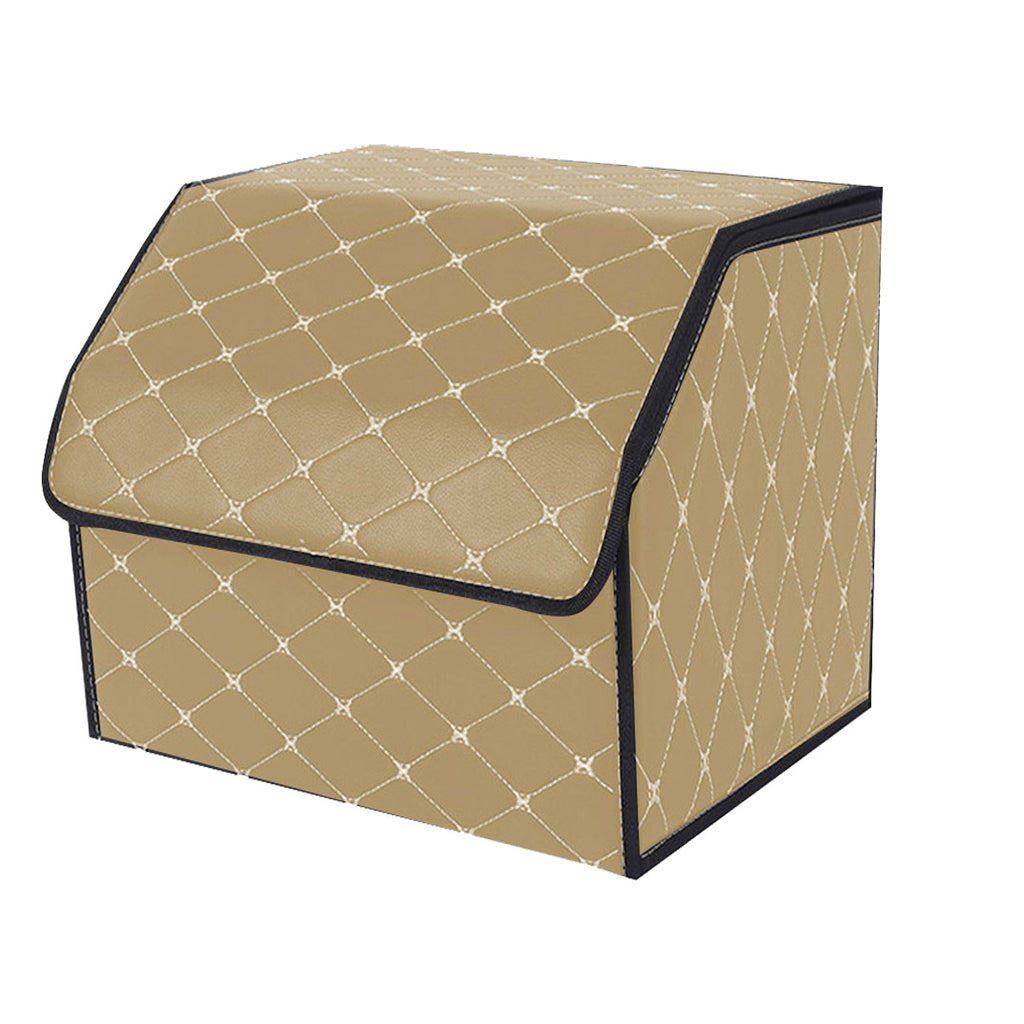 Leather Car Boot Foldable Trunk Cargo Organizer Box Beige/Gold Stitch Small