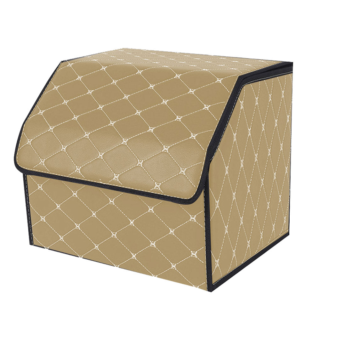 Leather Car Boot Foldable Trunk Cargo Organizer Box Beige/Gold Stitch Small