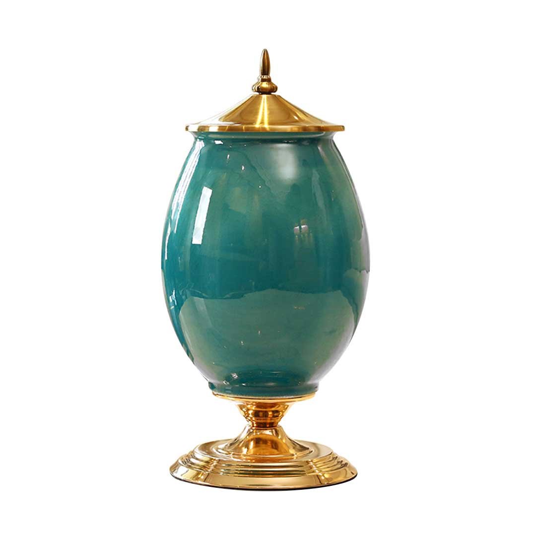 40cm Ceramic Vase with Gold Metal Base Green