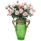 Green Glass Flower Vase with 8 Bunch 5 Heads Artificial Silk Rose Set