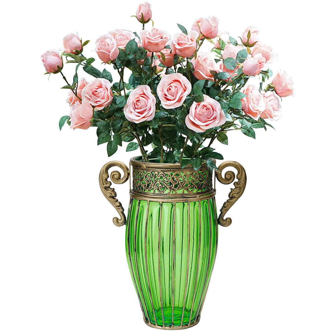 Green Glass Flower Vase with 8 Bunch 5 Heads Artificial Silk Rose Set
