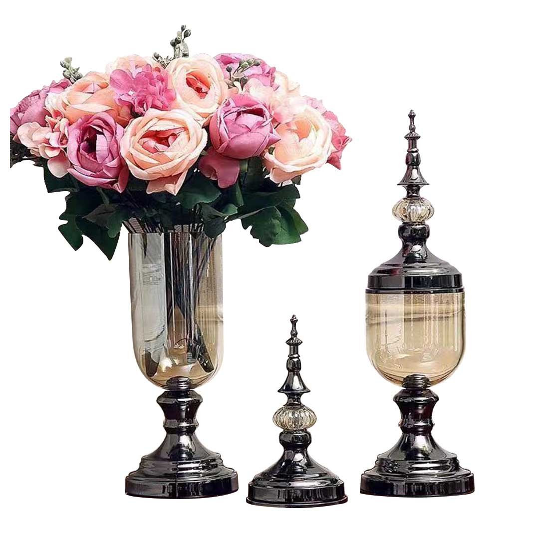 2x Clear Black Glass Vase with Lid and Pink Flower Set