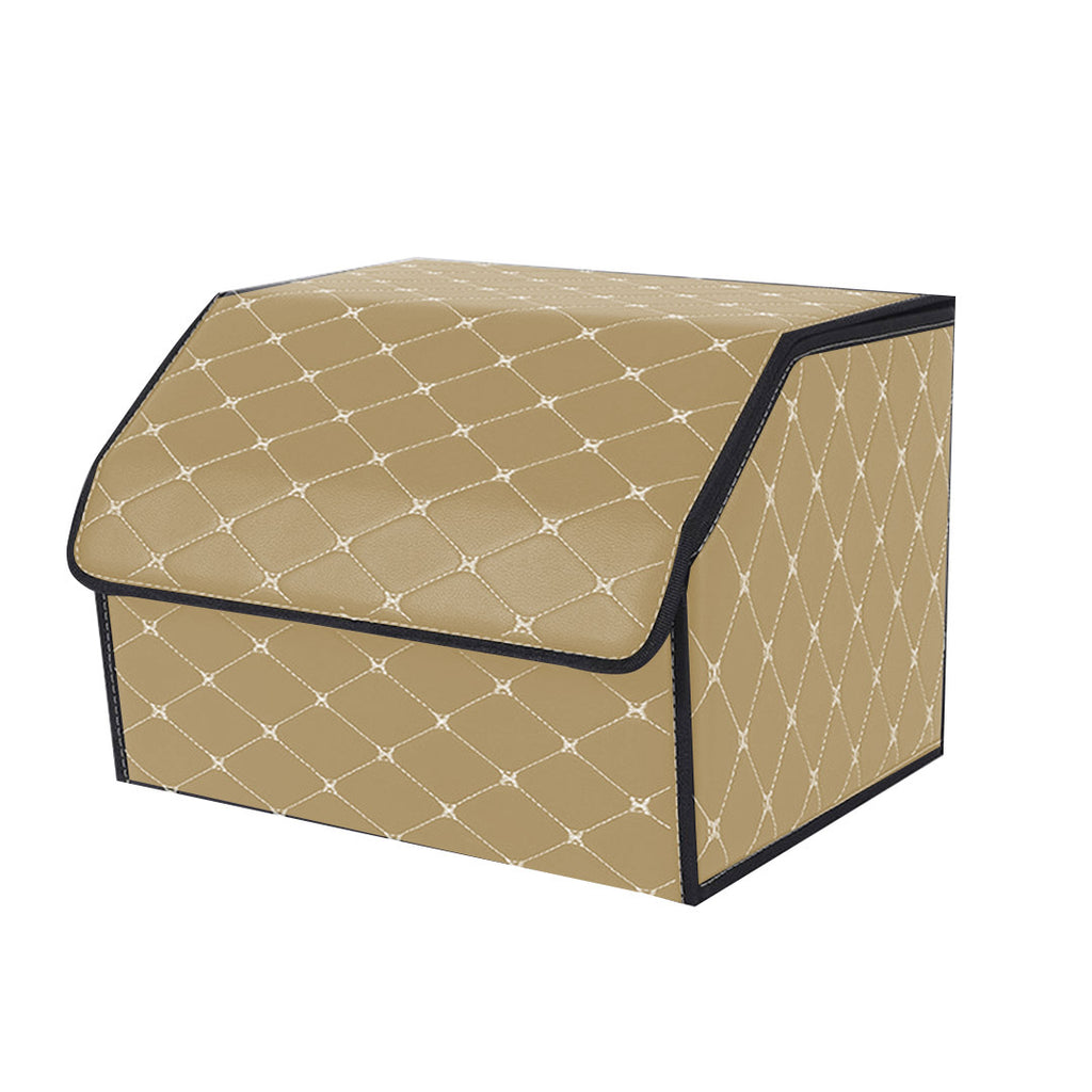 Leather Car Boot Foldable Trunk Cargo Organizer Box Beige/Gold Stitch Medium