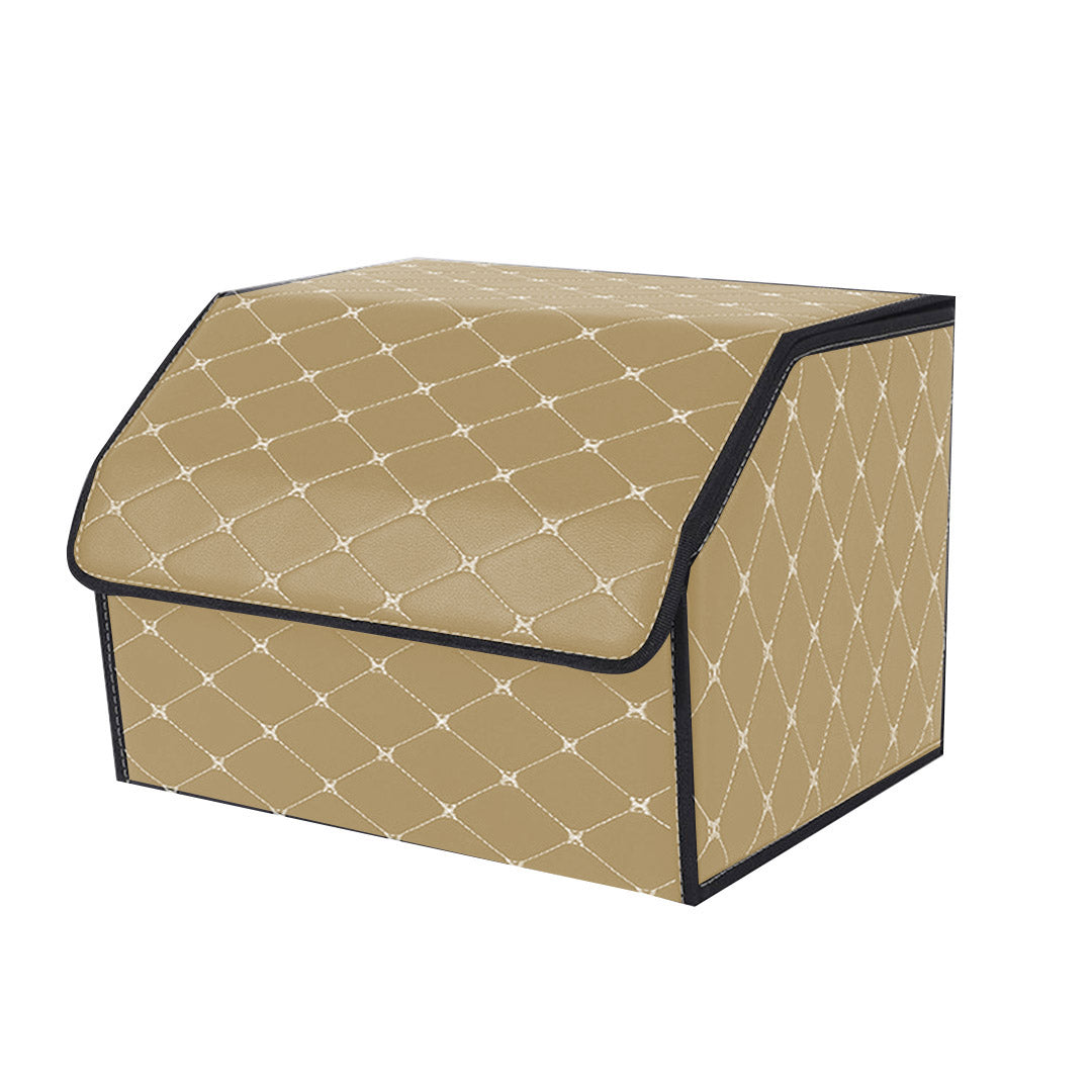 Leather Car Boot Foldable Trunk Cargo Organizer Box Beige/Gold Stitch Medium