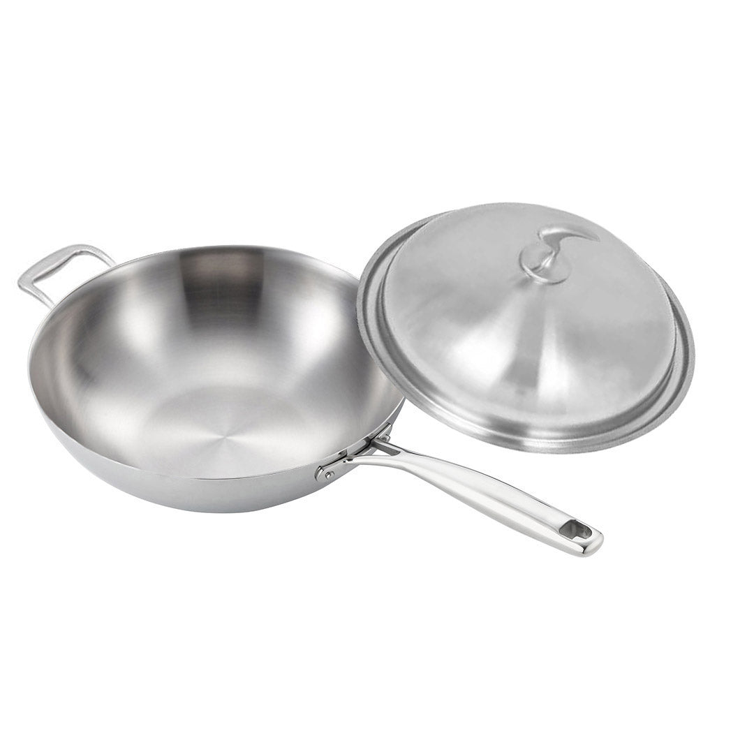 18/10 Stainless Steel 34cm Frying Pan Skillet with Helper Handle and Lid