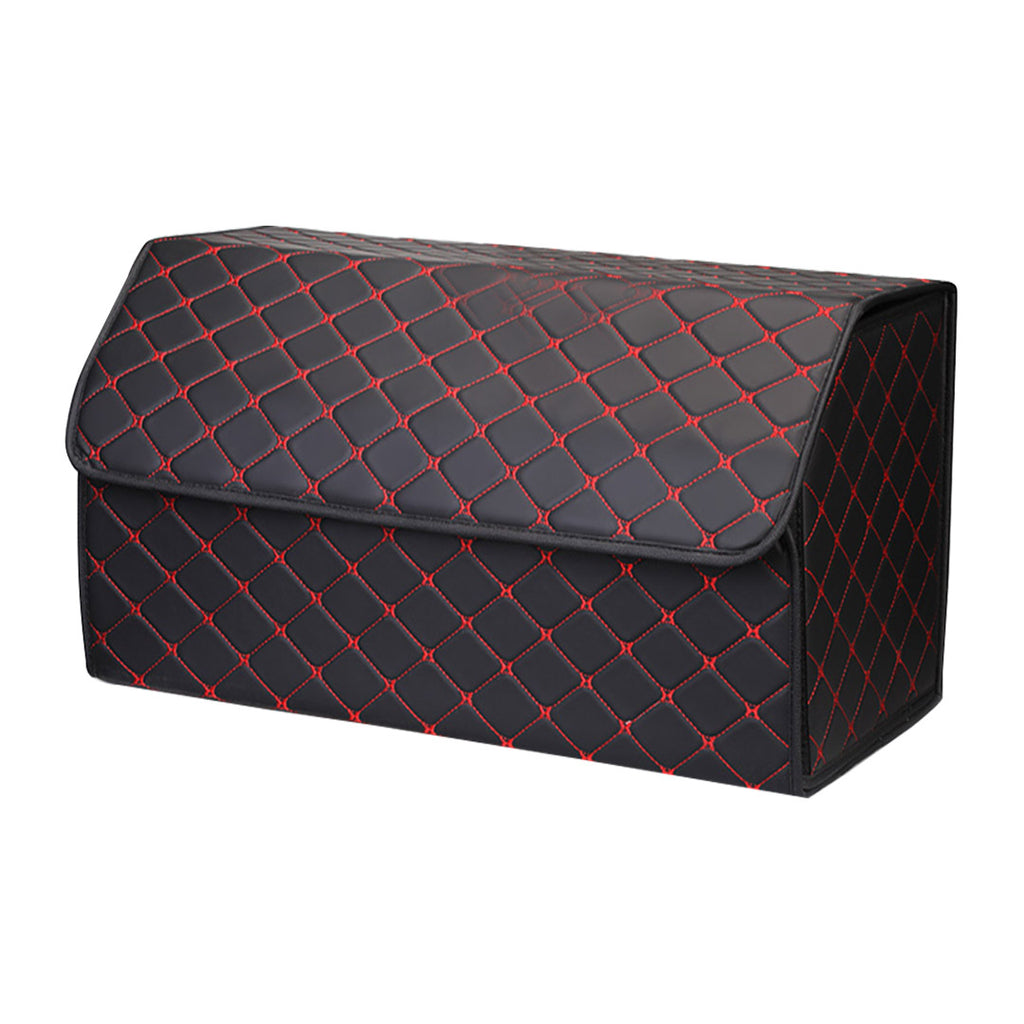 Leather Car Boot Foldable Trunk Cargo Organizer Box Black/Red Stitch Large