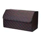 Leather Car Boot Foldable Trunk Cargo Organizer Box Black/Red Stitch Large