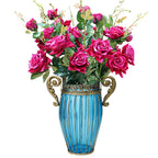 Blue Glass Flower Vase with 8 Bunch 5 Heads Artificial Silk Rose Set