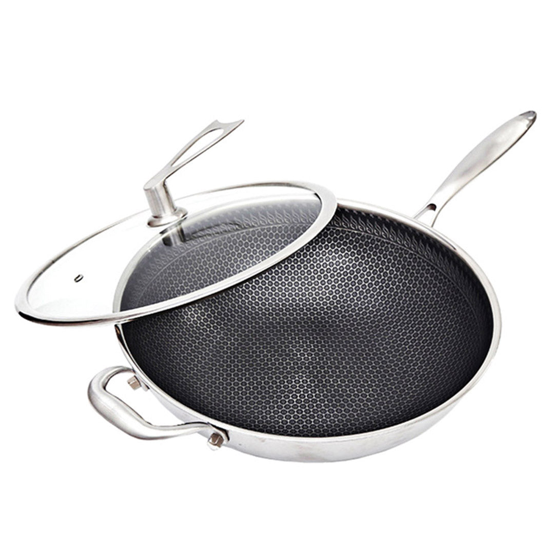 34cm Stainless Steel Frying Pan with Glass Lid and Helper Handle