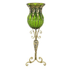 85cm Green Glass Floor Vase with Tall Metal Stand
