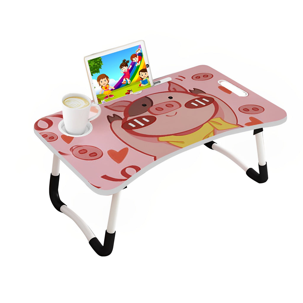 Pink Cute Pig Design Foldable Study Bed Table Adjustable Portable Desk Stand With Notebook Holder and Cup Slot
