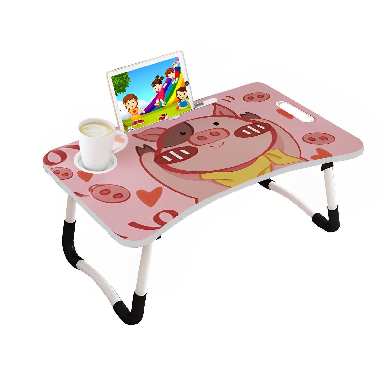 Pink Cute Pig Design Foldable Study Bed Table Adjustable Portable Desk Stand With Notebook Holder and Cup Slot