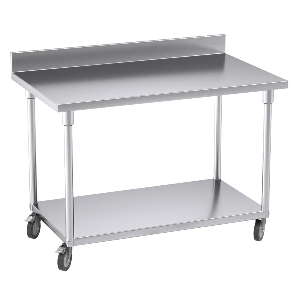 120cm Commercial Kitchen Stainless Steel Work Bench with Backsplash and Caster Wheels