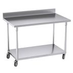 120cm Commercial Kitchen Stainless Steel Work Bench with Backsplash and Caster Wheels