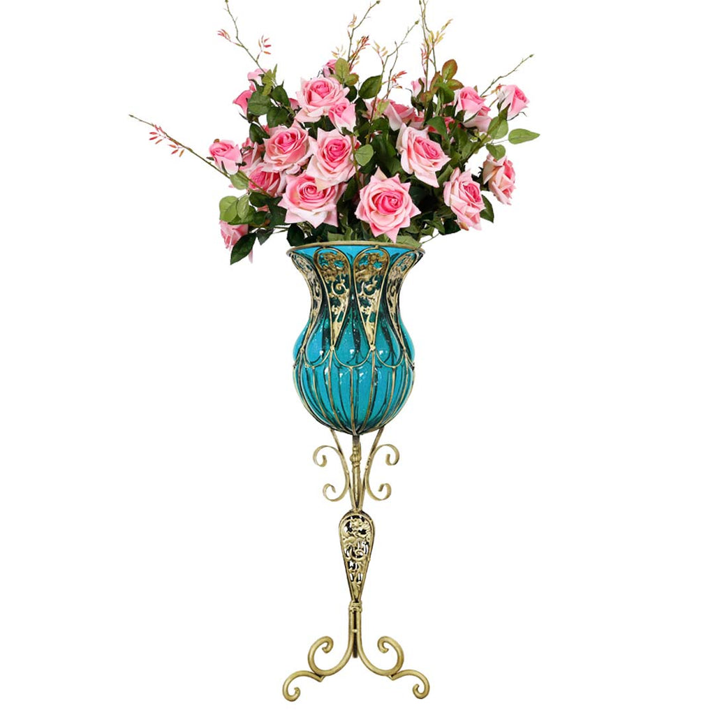 85cm Blue Glass Floor Vase and 12pcs Pink Artificial Flower Set