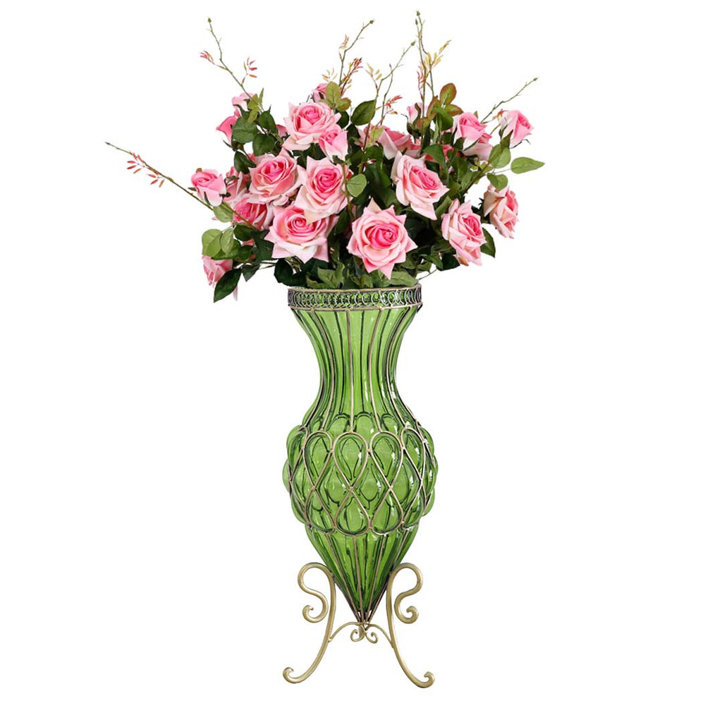 67cm Green Glass Floor Vase and 12pcs Pink Artificial Flower Set