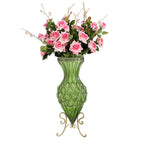 67cm Green Glass Floor Vase and 12pcs Pink Artificial Flower Set