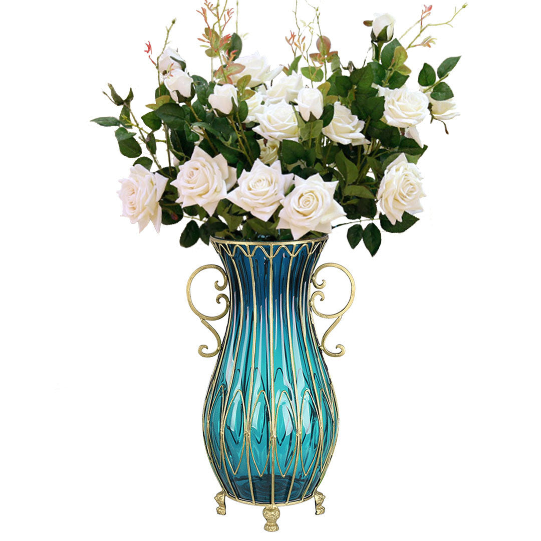 51cm Blue Glass Floor Vase with 12pcs White Artificial Flower Set