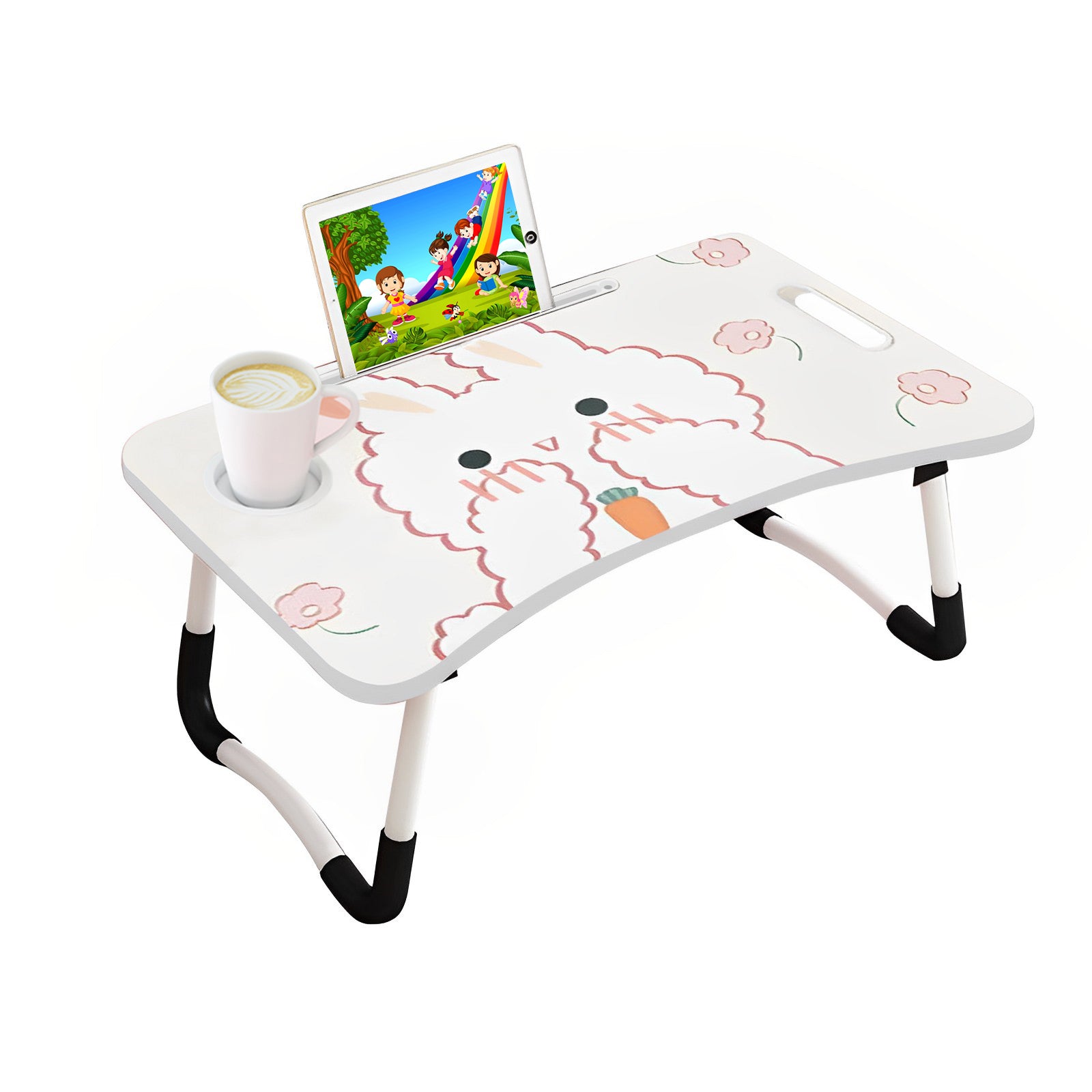 White Cute Rabbit Design Foldable Study Bed Table Adjustable Portable Desk Stand With Notebook Holder And Cup Slot