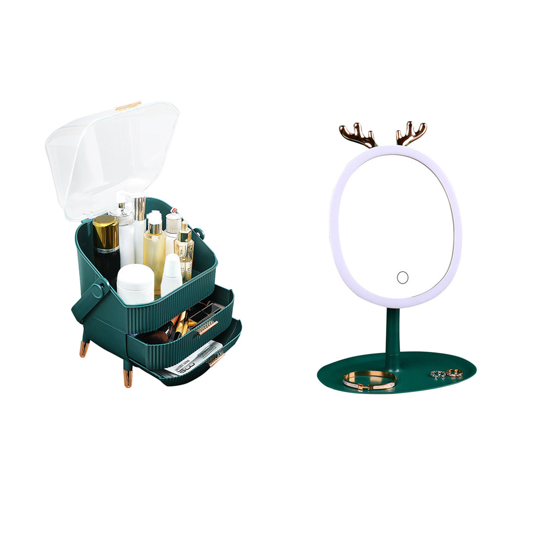 Green Cosmetic Jewelry Storage Organiser with Antler LED Tabletop Mirror Set