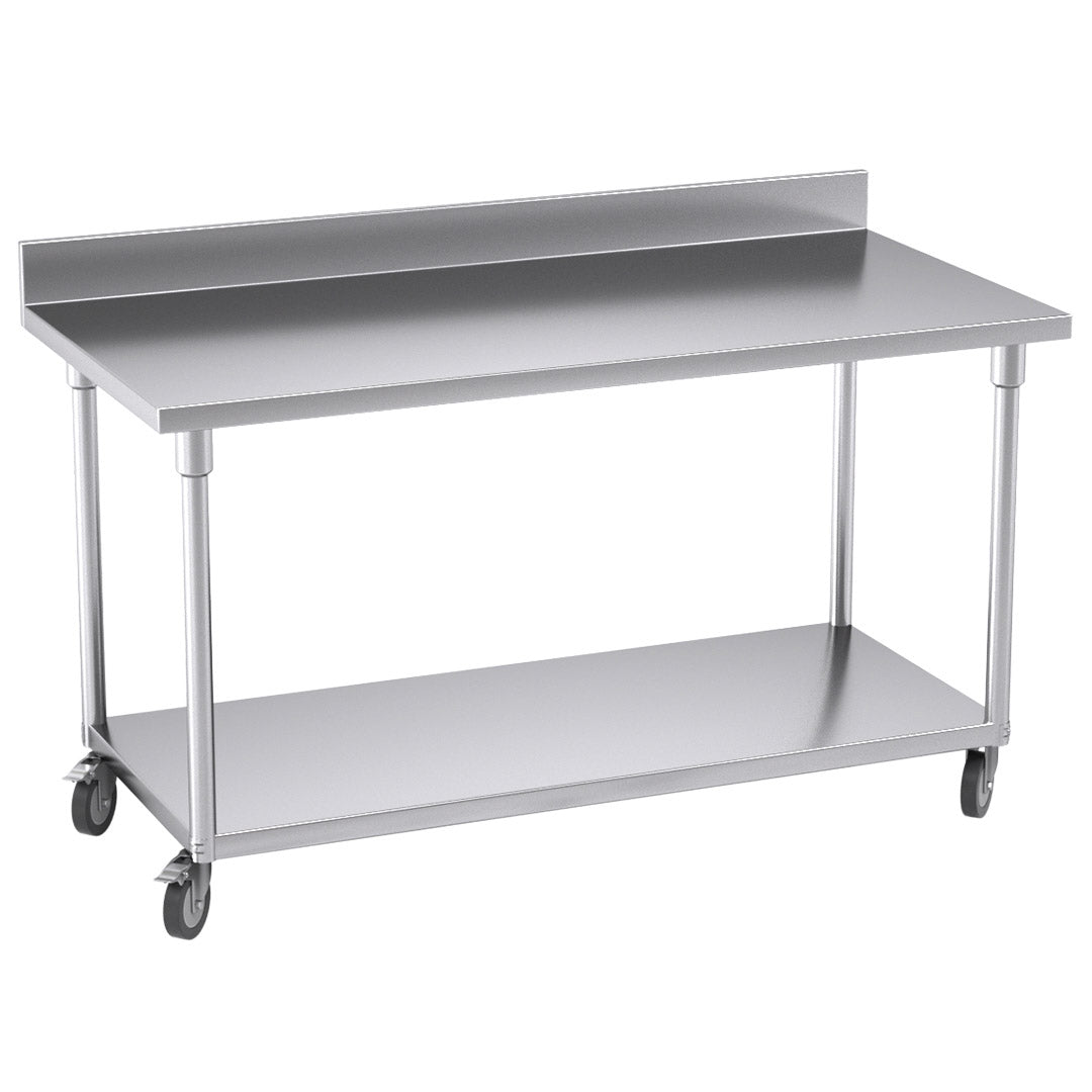 150cm Commercial Kitchen Stainless Steel Work Bench with Backsplash and Caster Wheels