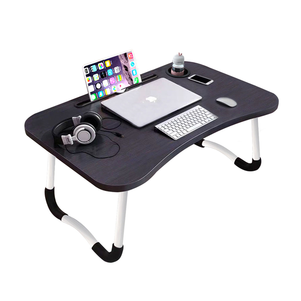 Black Foldable Study Bed Table Adjustable Portable Desk Stand With Notebook Holder and Cup Slot