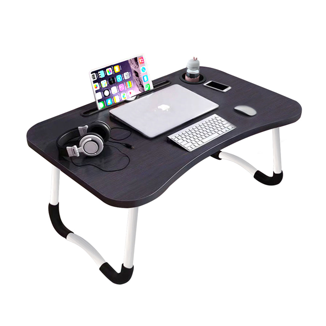 Black Foldable Study Bed Table Adjustable Portable Desk Stand With Notebook Holder and Cup Slot