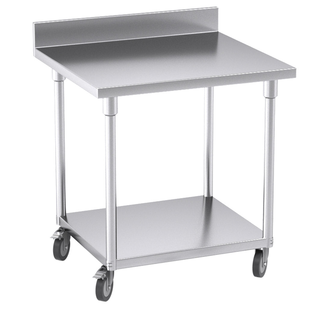 80cm Commercial Kitchen Stainless Steel Work Bench with Backsplash and Caster Wheels