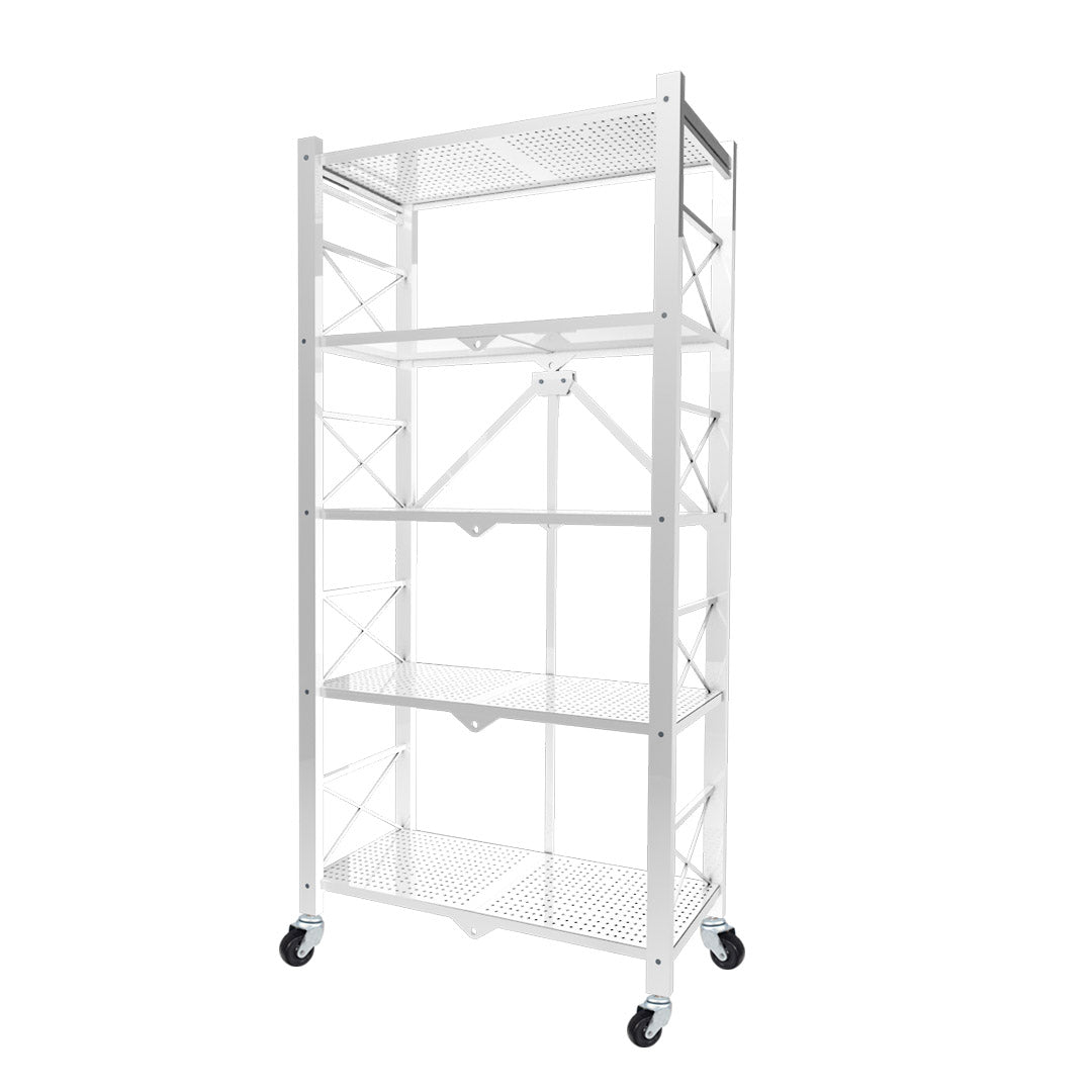 5 Tier Steel White Foldable Display Stand with Wheels